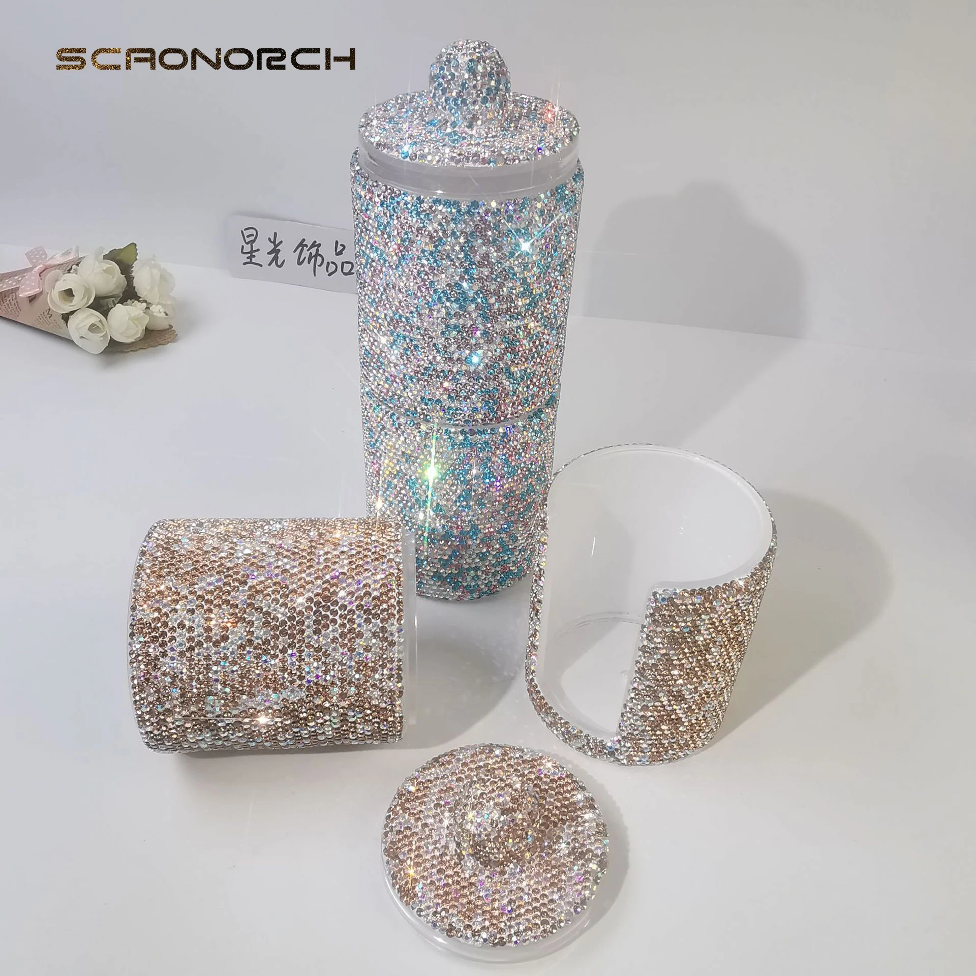 SCAONORCH Acrylic Brush Organizer with Lid Sparkling Rhinestones Cosmetic Makeup Organizer Box Round Storage Container