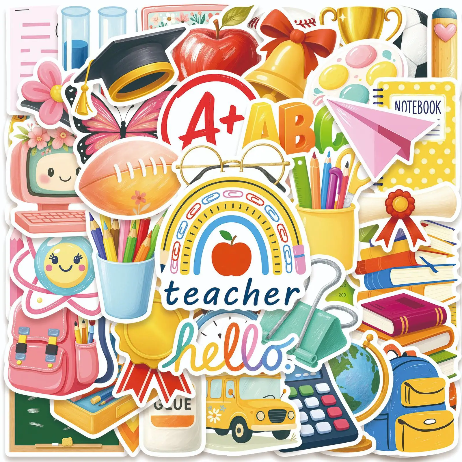 50-Pack Cartoon Learning Supplies Stickers Waterproof Decorative Decals for Books Pen Cans Guitars DIY Stationery Box
