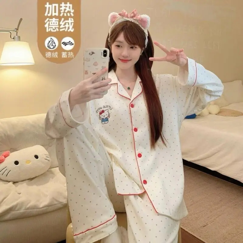 

Женский пижамный комплект Sanrio Hello Kitty, флисовый комплект для студентов, осенне-зимний комплект с длинными рукавами и длинными брюками, утепленная пижама на флисовой подкладке