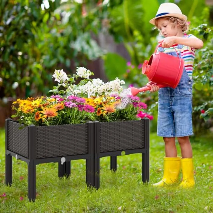 Raised Garden Bed Kit for Indoor Outdoor Use: 4 Pcs Wooden Planter Boxes with 16 Metal Legs, Self-Watering System, Drainage Hol