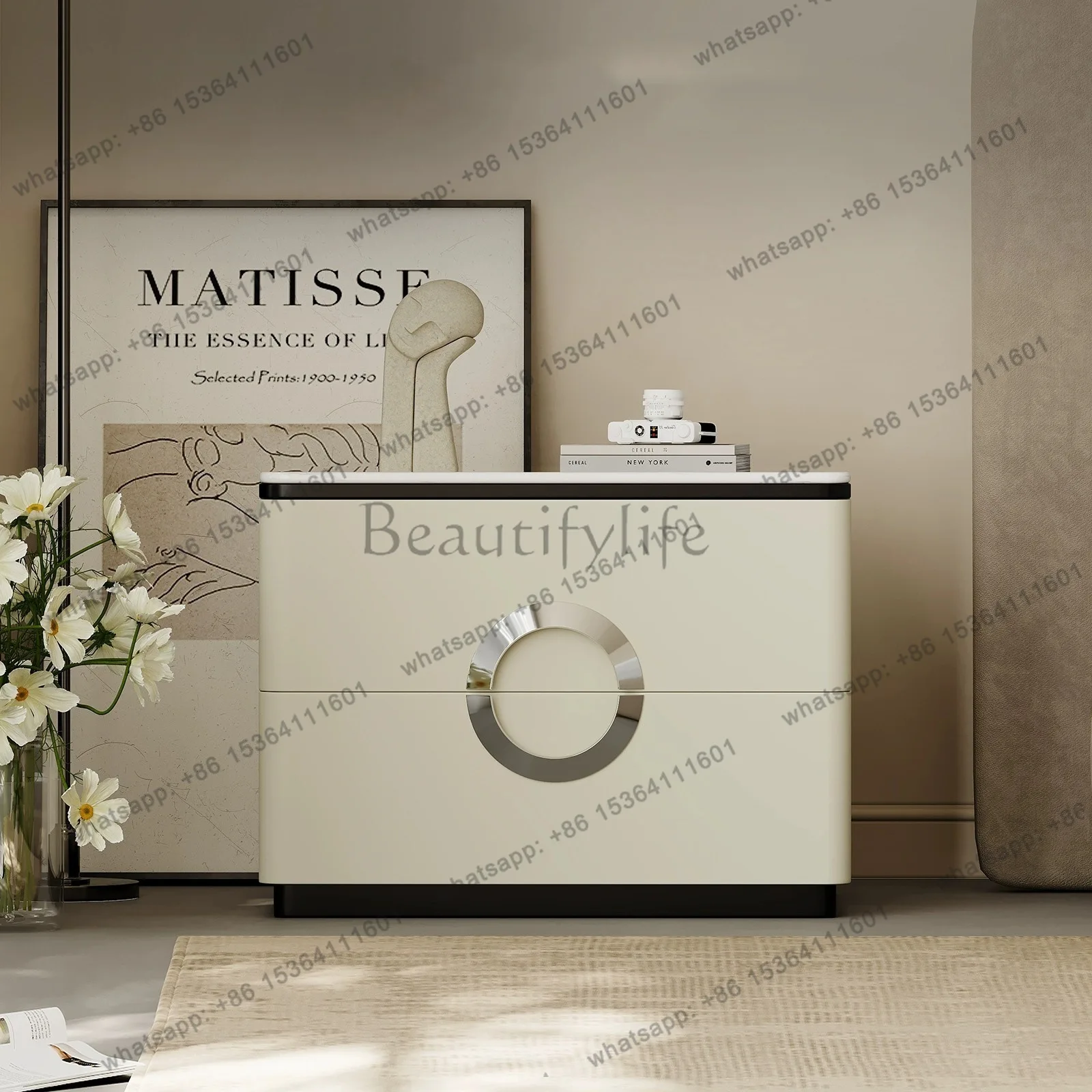 Italian minimalist bedside table household bedroom marble light luxury high-end cream style