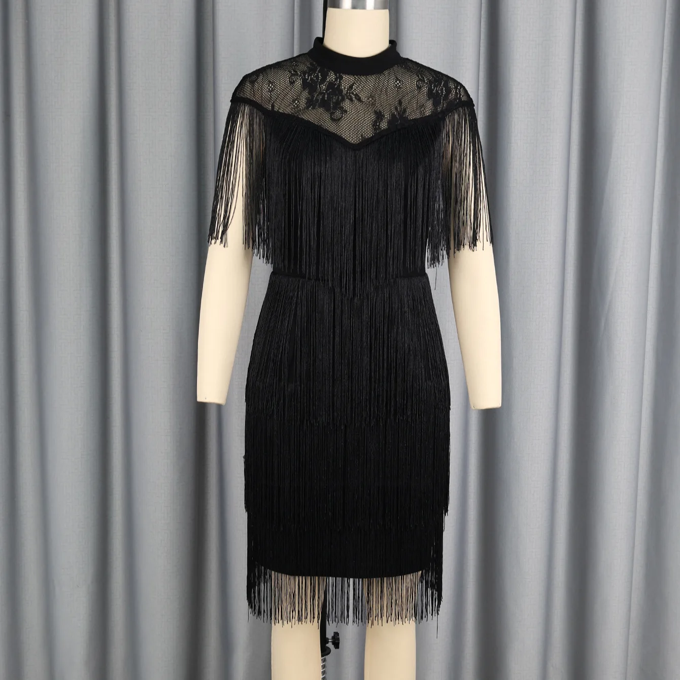 

Africa Clothing Women Tassel Knee Length Dress O Neck Short Raglan Sleeves Waist Patchwork Mesh Classy Chic Birthday Party