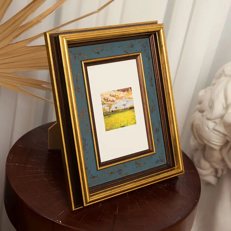 American Retro Style Golden Border Small Photo Frame Classic Home Decor Photo Frame Ornament Solid Color Rectangle Photo Frame