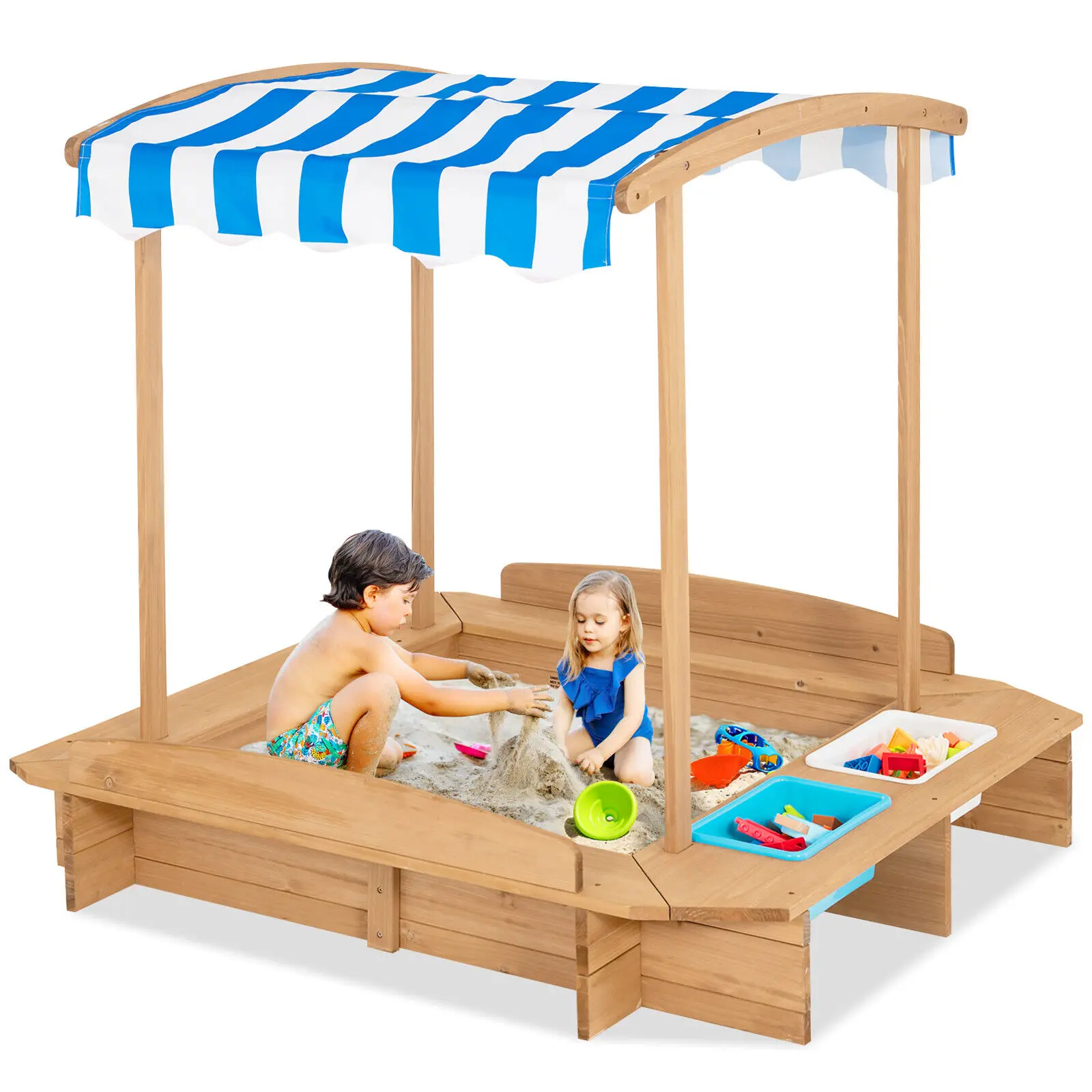 

Kids Large Wooden Sandbox w/ 2 Bench Seats Outdoor Play Station for Children