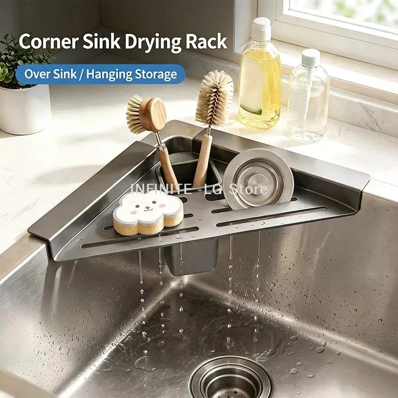 1Pcs Hollowed Large Capacity Sink Drain Shelf Stainless Steel Sink Corner Rack Anti-rust Quick Water Drainage Dish Drying Rack