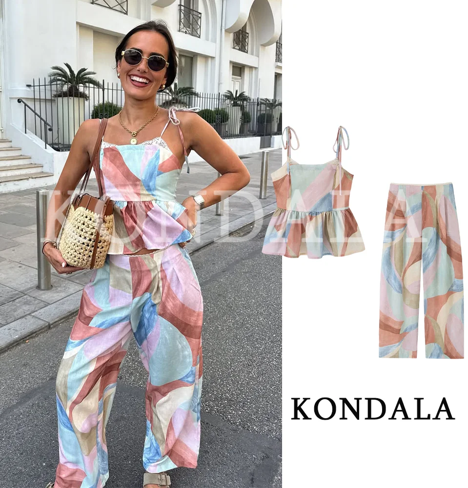 

Women Trendy Holiday Printed Long Pants Set KONDALA 2026 Summer Stylish Elegant Casual Set Sleeveless Camisole, Printed Trousers