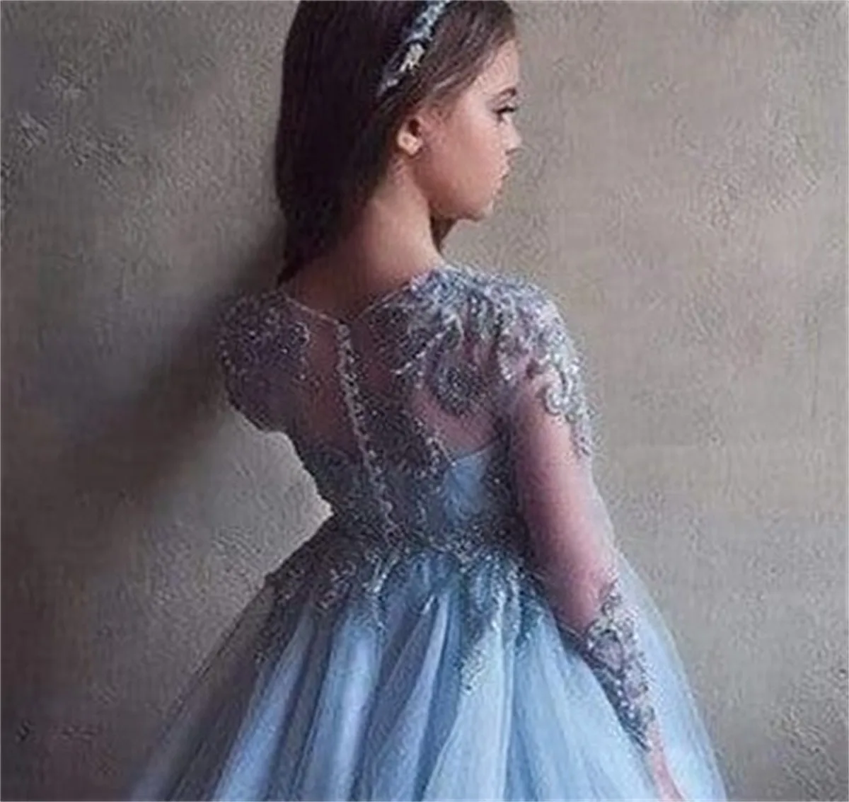 Long Sleeves  Flower Girl Dresses Elegant Blue For Wedding Princess  Tulle Appliques Pageant First Communion Customize  Gowns