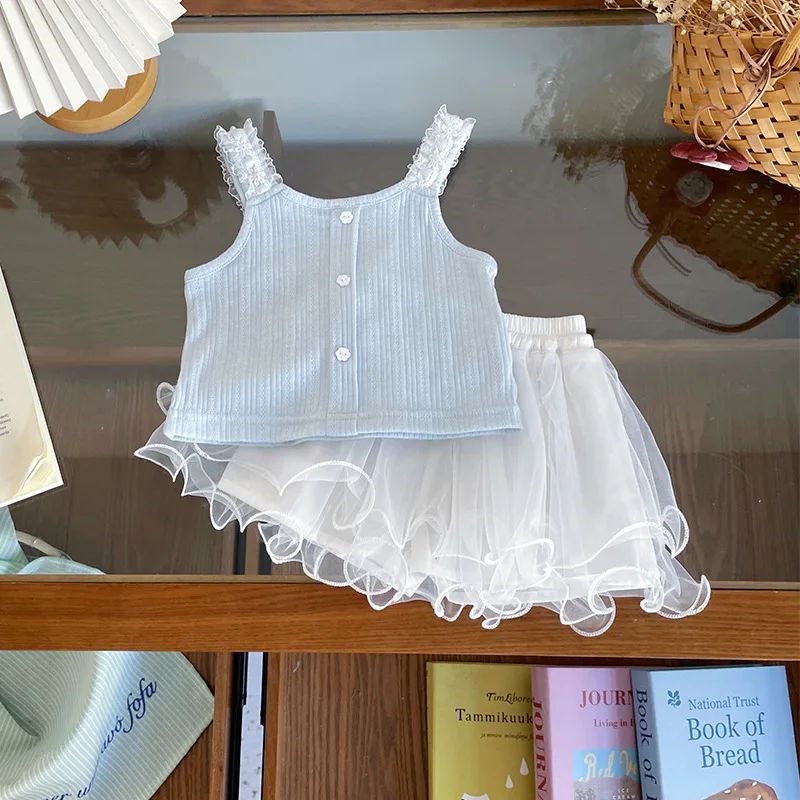 Conjunto de Falda de Verano para Niñas, Top de Punto con Botones y Encaje Azul + Falda de Malla Blanca, Conjunto de 2 Piezas, Ropa Infantil Nueva 2026 ﻿