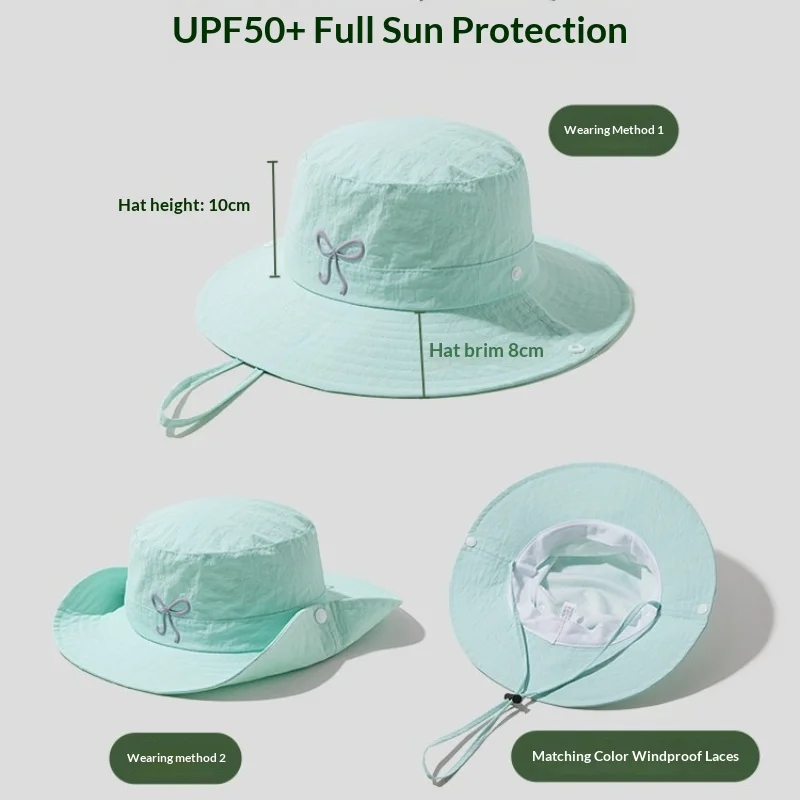 1pc Korean Embroidery Pink Bow Quick Fisherman Hat Windproof Rope Women Outdoor Sun Hats Girl Summer Sunscreen Bowl Beach Caps