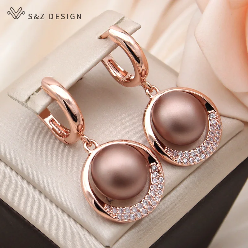 S&Z DESIGN New Fashion Round Simulated-pearl Dangle Earrings For Women Wedding 585 Rose Gold Color Cubic Zirconia Jewelry