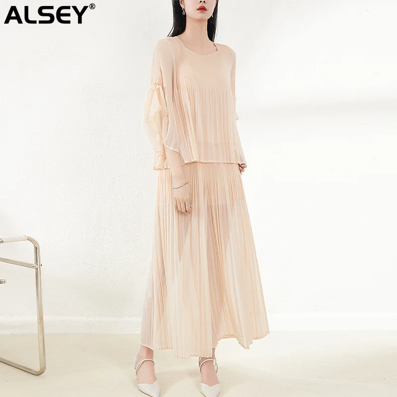 

Плиссированный Модный комплект ALSEY Miyake в Корейском стиле для женщин, топ большого размера с круглым вырезом, уличная одежда, повседневный комплект с брюками с широкими штанинами