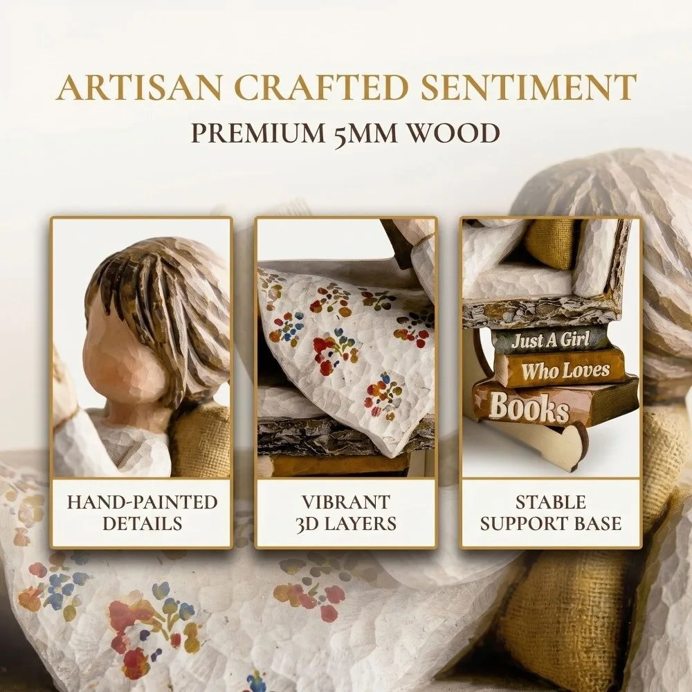 2D Flat Printed Wooden Reading Girl Figurine Just a Girl Who Loves Books Vintage Book Lovers Statues Anti-Fading with Stand