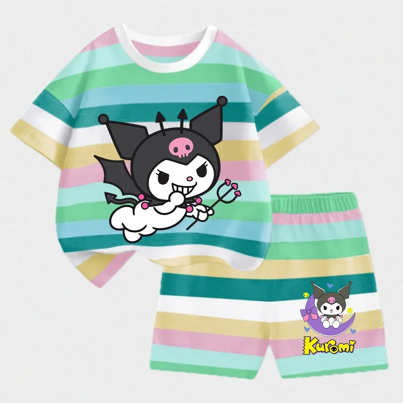 

2pcs Kuromi T-shirt+Shorts Set Boys Girls Kawaii Sanrios Anime Figures Short Sleeve Fashion Casual Tee Top Summer Clothes Gifts