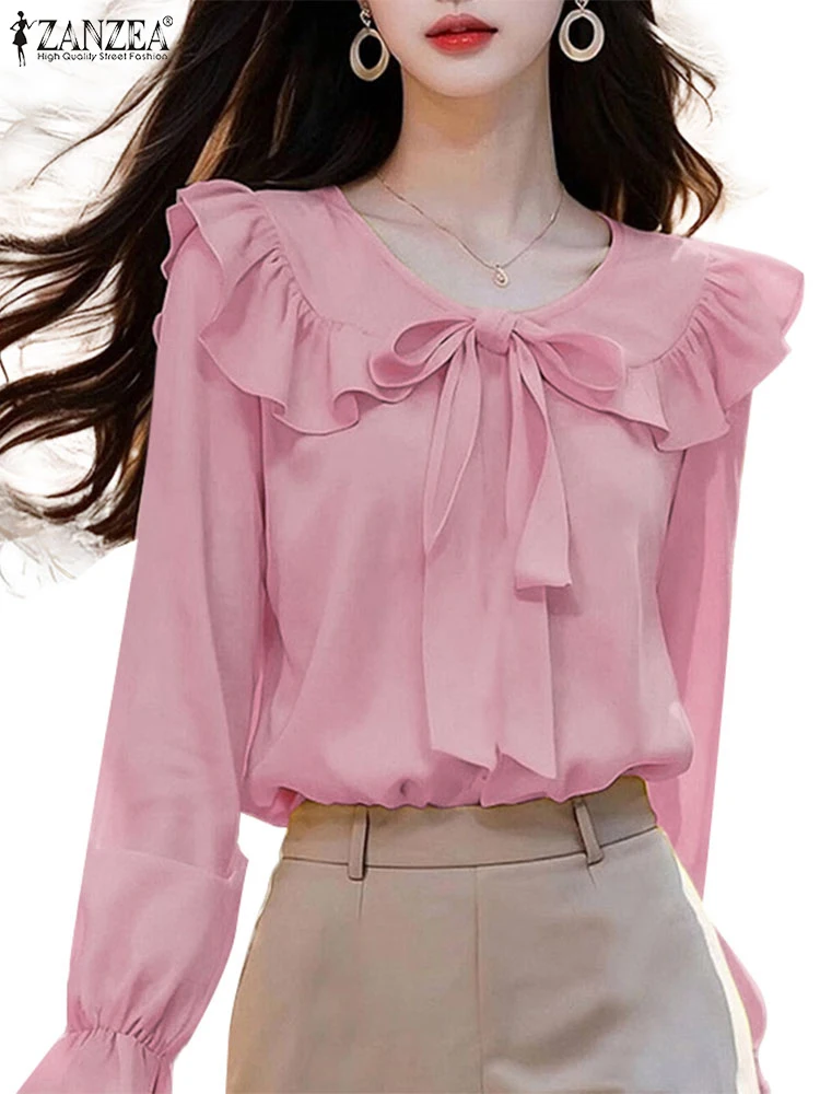 ZANZEA Office Work Blouses 2024 Spring Women Elegant Long Sleeve Shirt Fashion Lace Up Holiday Tops Casual O Neck Loose Blusas