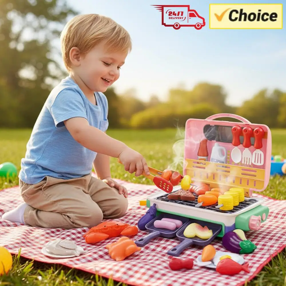 

Kids BBQ Grill Playset with Smoke Sound Light Kids Play Kitchen Toys Indoor Outdoor Cooking Toy for Toddlers Xmas Gifts
