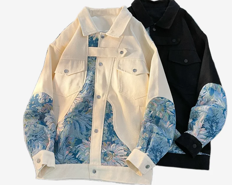 

2025 fashionable patchwork men leisure jacket retro embroidery chinese style tang suit coat advanced design sense versatile coat