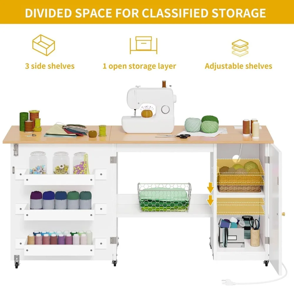 Folding Sewing Table with Charging Station, Storage & Lockable Casters for Craft Rooms