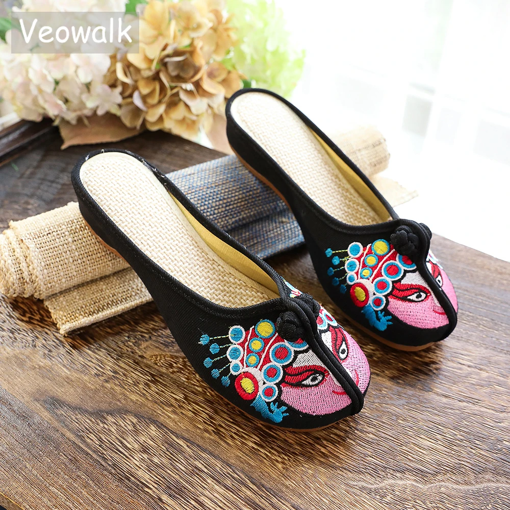 Veowalk Handmade Cotton Fabric Slipper Women Beijing Opera Embroidery Slippers Vintage Summer Flat Heel Shoes Zapatos Mujer