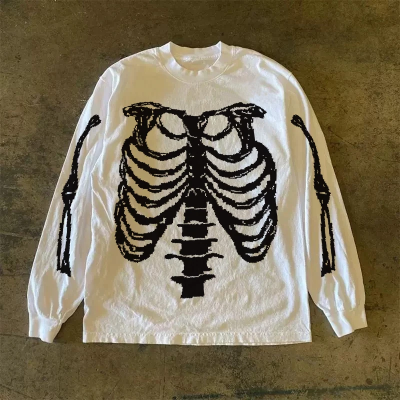 Heavyweight 310gsm Pure Cotton Long Sleeve American Retro Oversize Streetwear T-Shirt Unisex Casual round Neck Skeleton Print