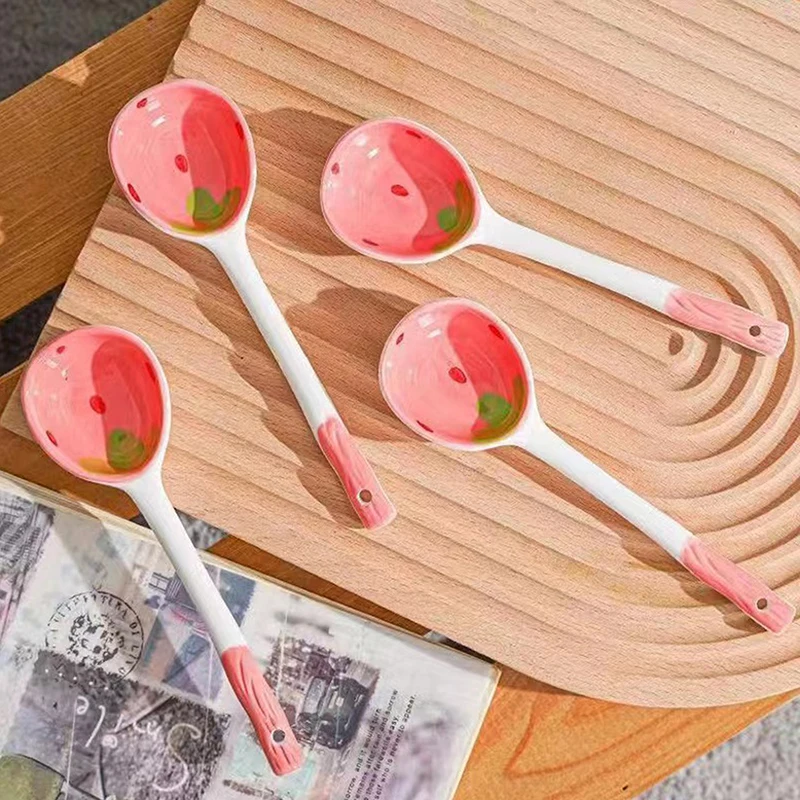 Cute Ceramic Strawberry Soup Spoon Kawaii Korean Ice Cream Dessert Spoon With Long Handle Kitchen Tableware Accessories