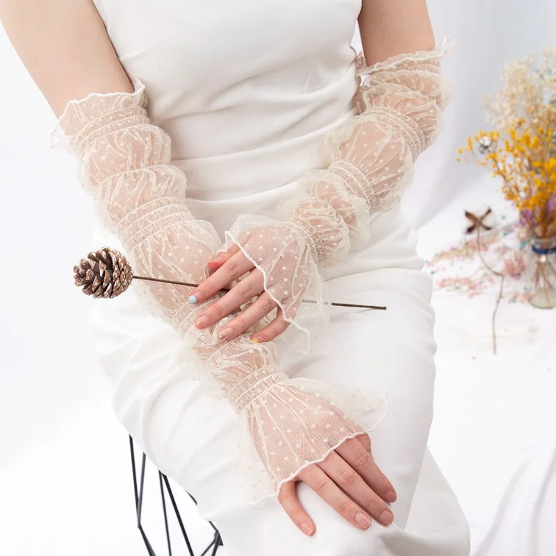 Summer Sexy Beige Lace Sunscreen Sleeves for Women Polka Dot Thin Breathable Mesh Fingerless Gloves Driving Arm Sleeves