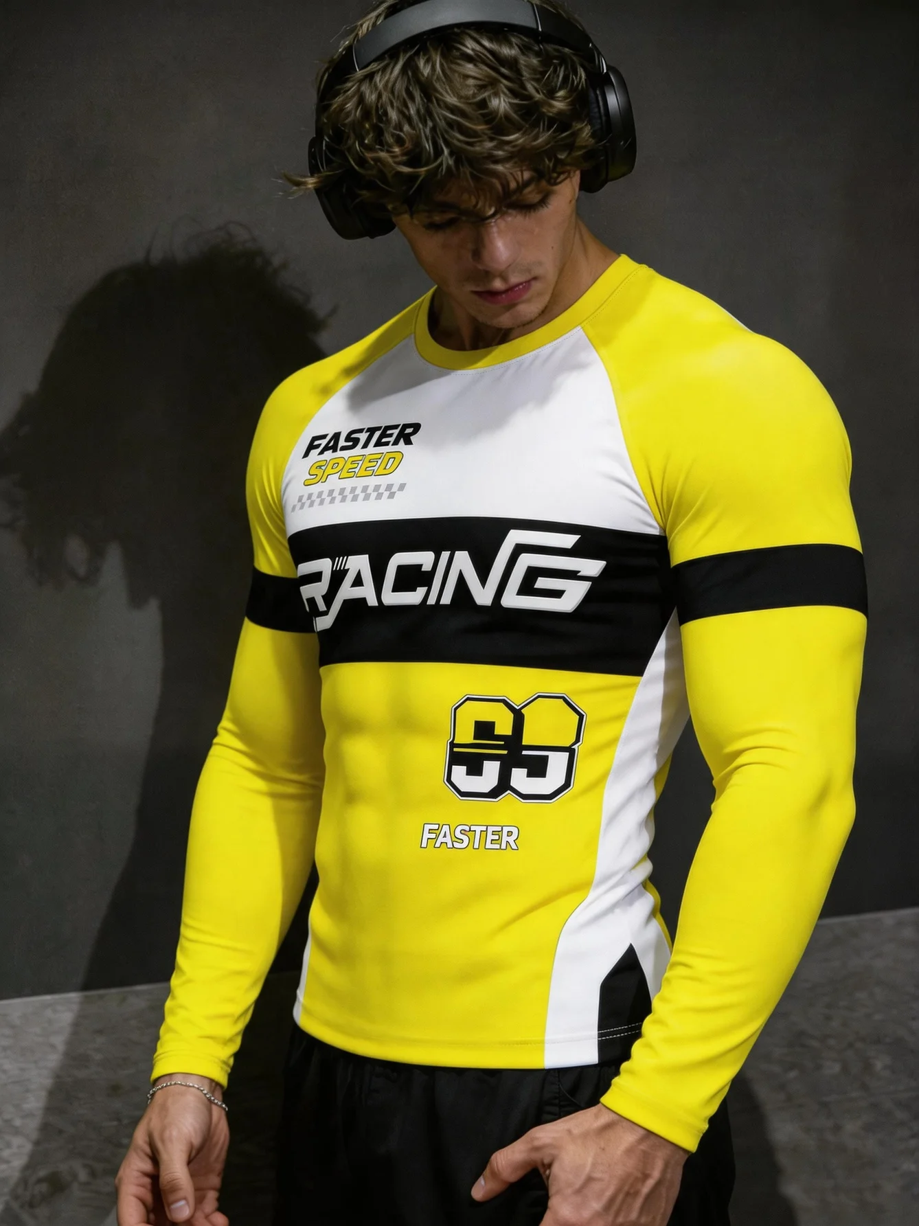 Men's Racing Long Sleeve Gym Tee Yellow Black Letter Color Block Raglan Sleeve Bright Sporty Workout Top