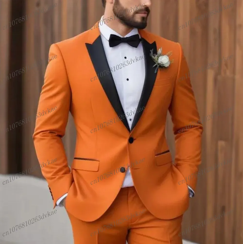 

Black Lapel Orange Business Men Suit Wedding Party Prom Groom Groomsman Formal Occasions Tuxedos 2 Piece Set Blazer Pants