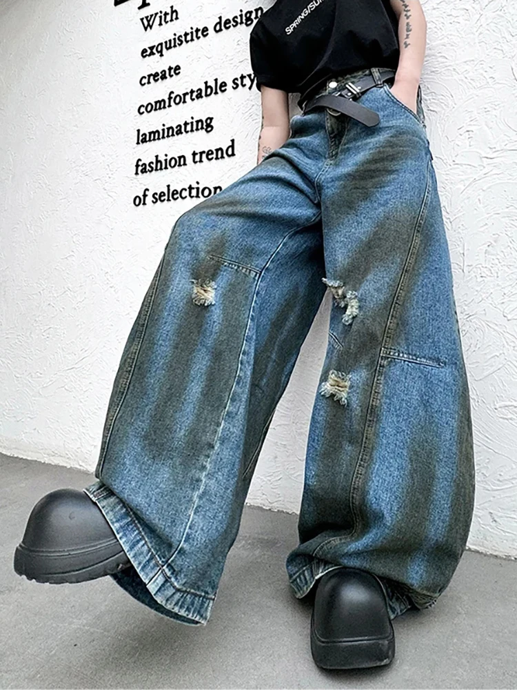 REDDACHIC Dirty Wash Ripped Denim Wide Pants Men Retro Patchwork Loose High Waist Backwards Baggy Jeans Hiphop Grunge Streetwear