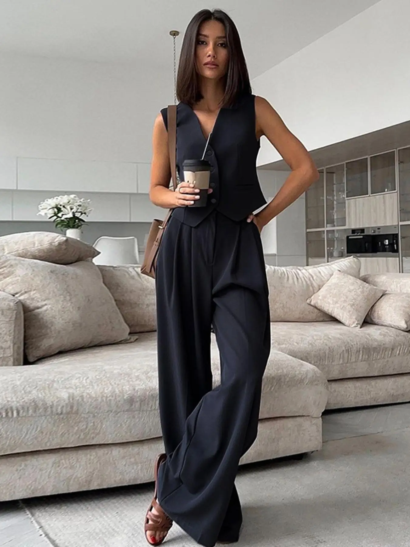 FASHION SUIT VEST, VEST, VEST, WIDE LEG PANTS, CASUAL SUIT, NEW PROFESSIONAL VERSATILE BUSINESS STYLE TWO‑PIECE SET