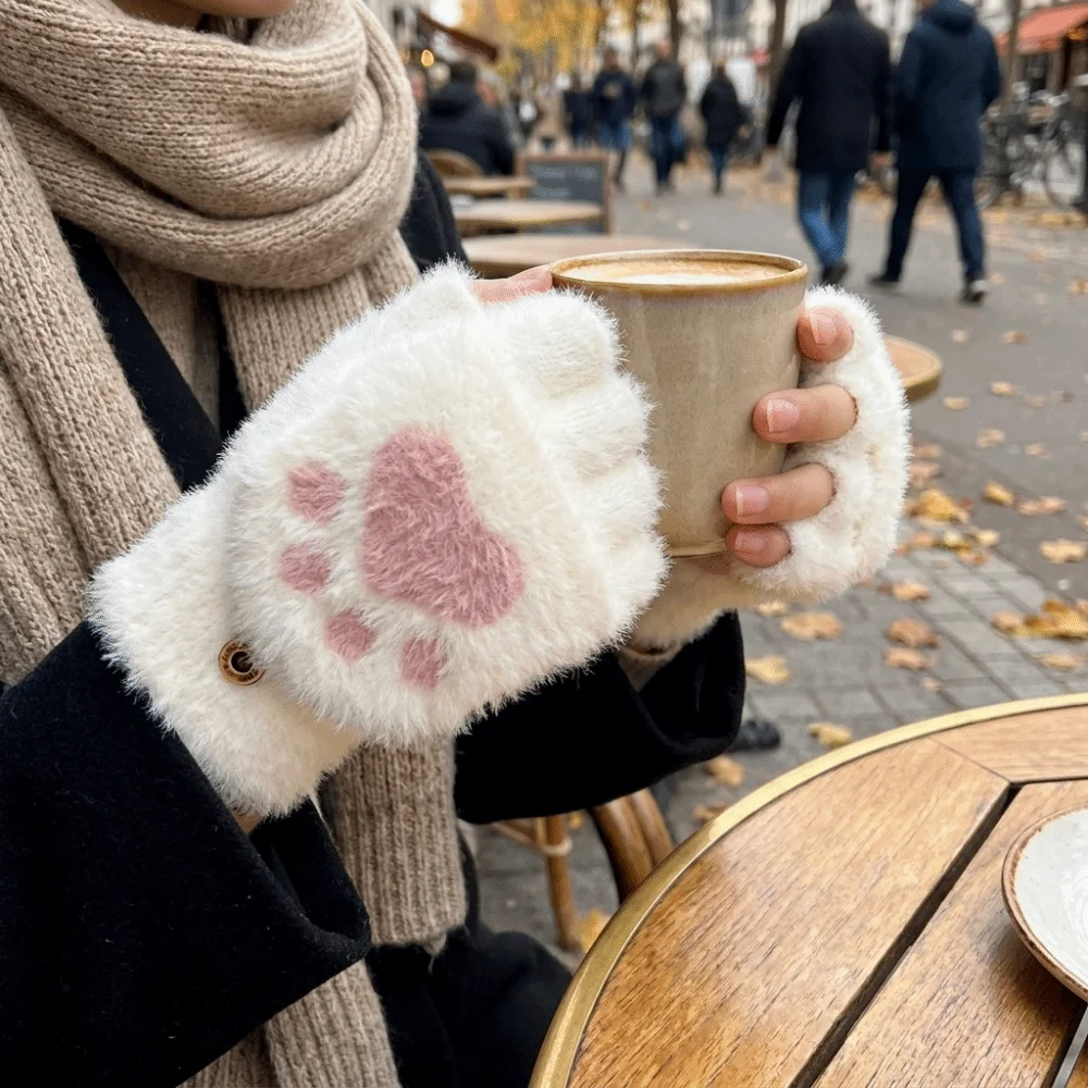 Cute Soft Cat Paw Gloves Thicken Flip Up and Down Half Finger Gloves Touch Screen Cozy Warm Plush Mittens Women