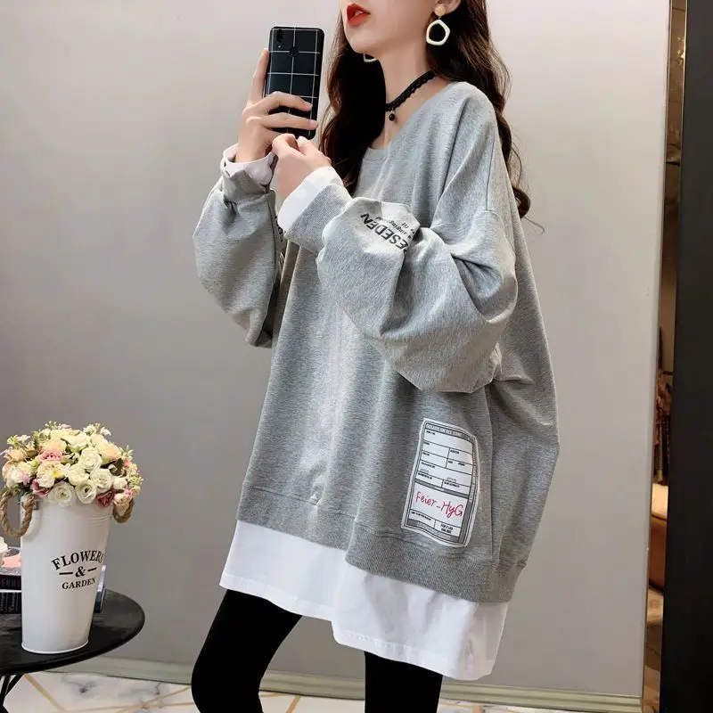 Spring Autumn New Thin Plus Size Patchwork Hoodies Print Letter Loose Fake Two-piece Casual Tops Vintage Fashion Women Clothing