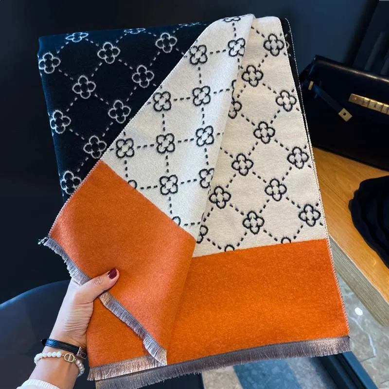Fashion Elegant Flowers Acrylic Cashmere Scarf Long Shawl Double Sides Winter Neckerchief Women Spring Summer Cape Wraps