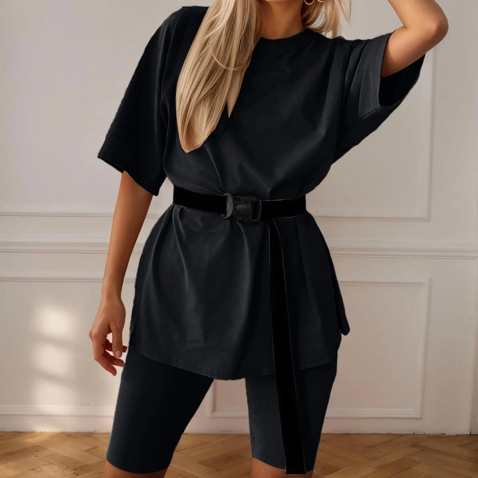 

Women 2 Piece Outfits Sweatsuit Casual Crew Neck Pullover Top And Shorts Sets Travel Belted Tracksuit Streetwear Two Piece Set