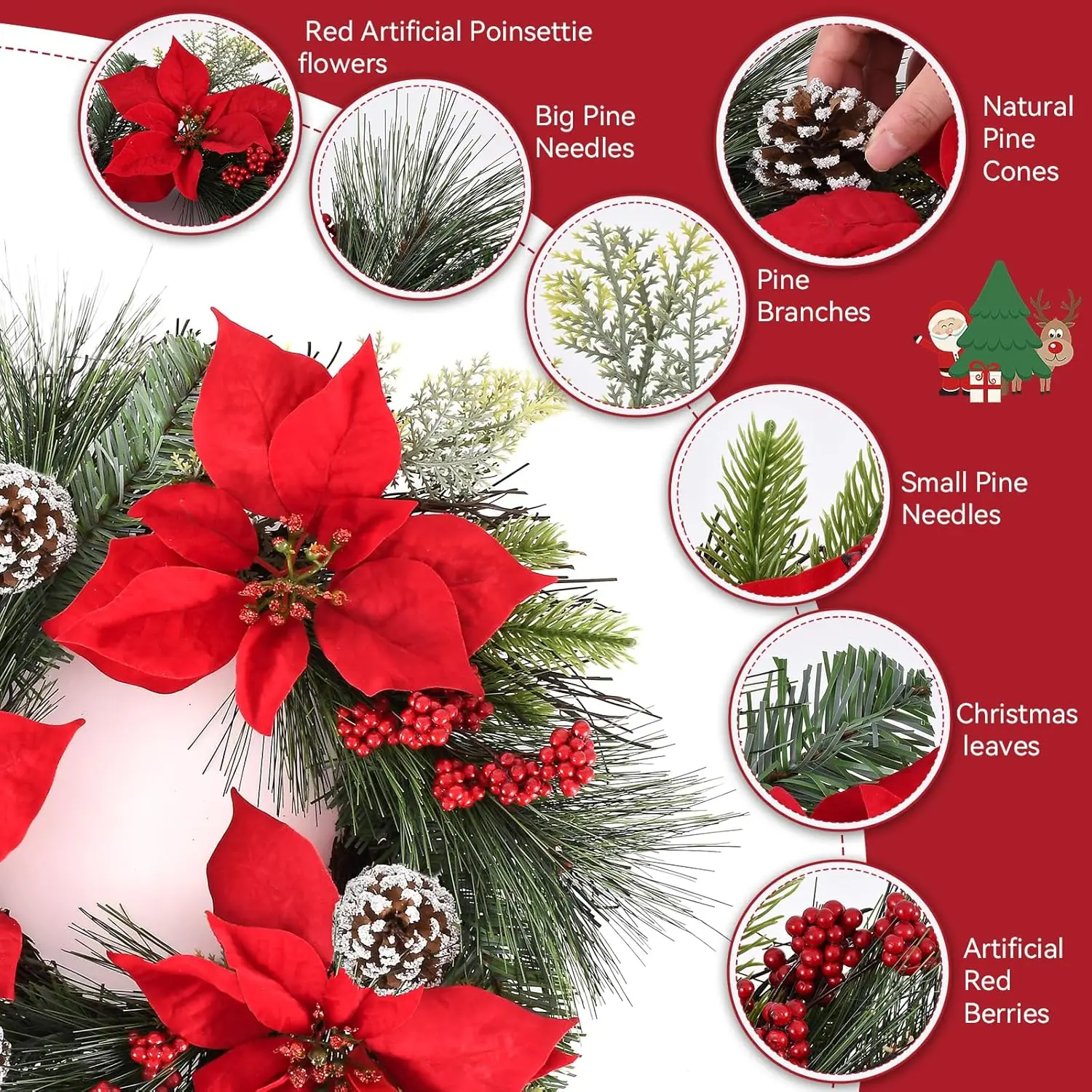 إكليل عيد الميلاد مقاس 24 بوصة - إكليل صنوبر كبير مع بونسيتة حمراء للباب الأمامي والجدار والمدفأة - داخلي/خارجي #2