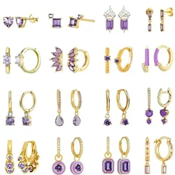 Pendientes de aro de Plata de Ley 925 con cristales de circonita púrpura para mujer, aretes de corazón, joyería de lujo para boda, regalos