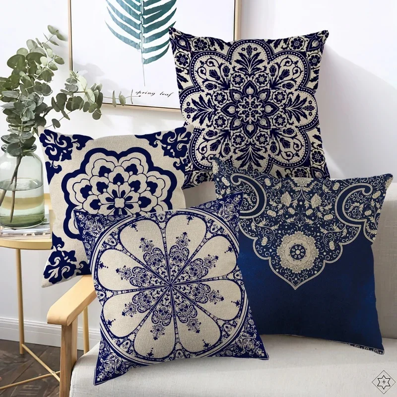 Rich Floral Pillow Covers Navy Blue White Chinoiserie Durable Bohemian Decor for Living Room, Bedroom Cushion Cases