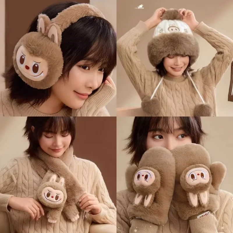 New Genuine Warm Series -Labubu Plush Gloves Hat Scarf Ear Muffs Ring Hairball Earrings Cute Labubu Winter Series Products Gifts