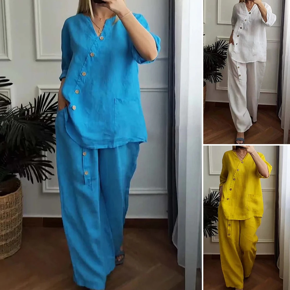 

Mia Muse Boutique, однотонные комплекты до щиколотки с короткими рукавами и v-образным вырезом, натуральная талия, женские комплекты, летние базовые одинарные комплекты