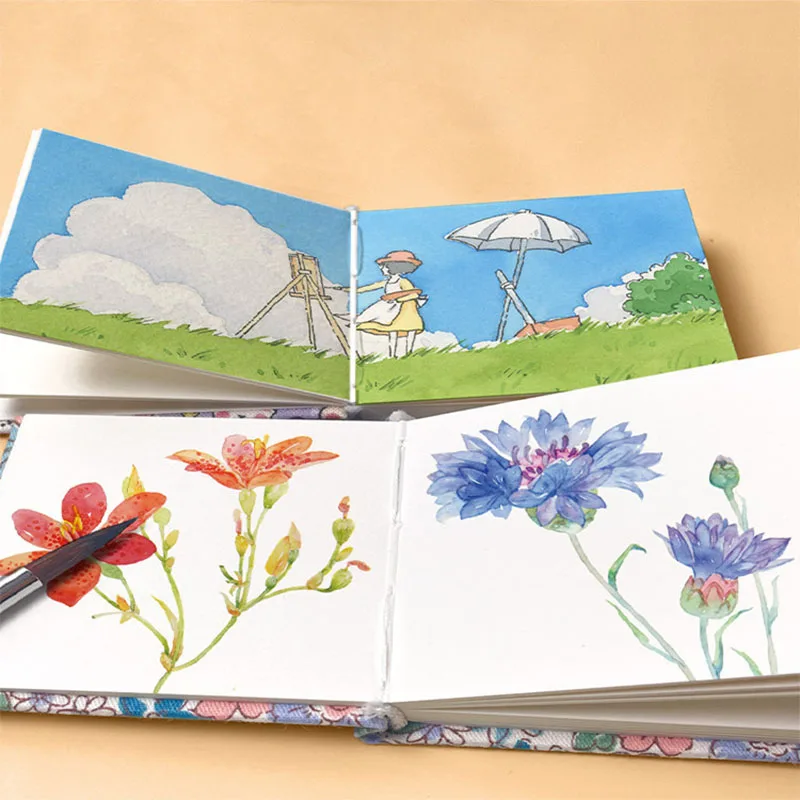 Square 6cm Mini Watercolor Book 300gsm Linen Texture Cover Portable Art Sketch Pad for Painting Handmade Journal