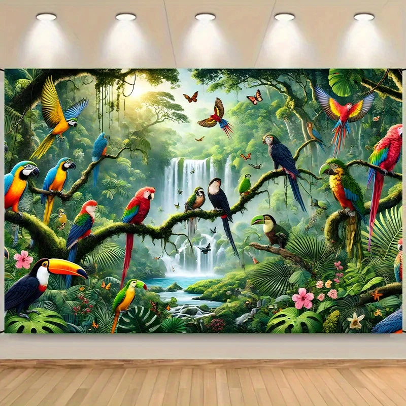 

Tropical jungle and exotic bird colorful polyester background fabric - perfect for parties, weddings and birthdays