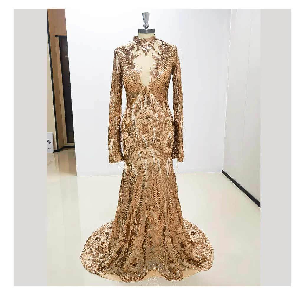 Formal Golden Evening Dress Long Sleeve Appliques High Neck Feathers Sequiend Mermaid Chapel Train Special Occasion Dresses