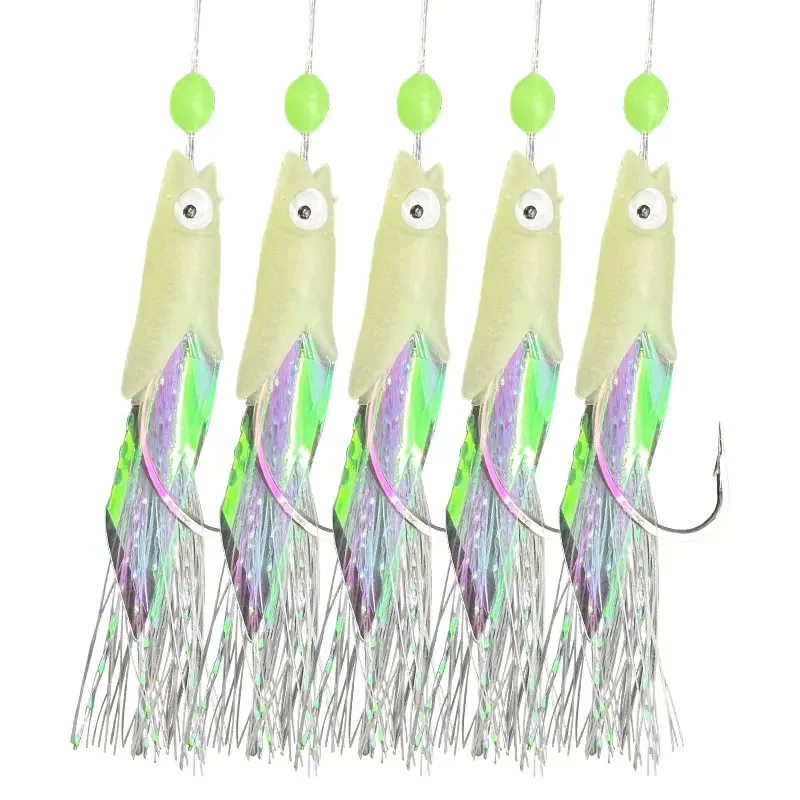 5 ganci Sabiki Rigs Esche da pesca in acqua salata Impianti esca Vera pelle di pesce Gancio per corda Sgombro Glow in The Dark Flash Sabiki Rigs