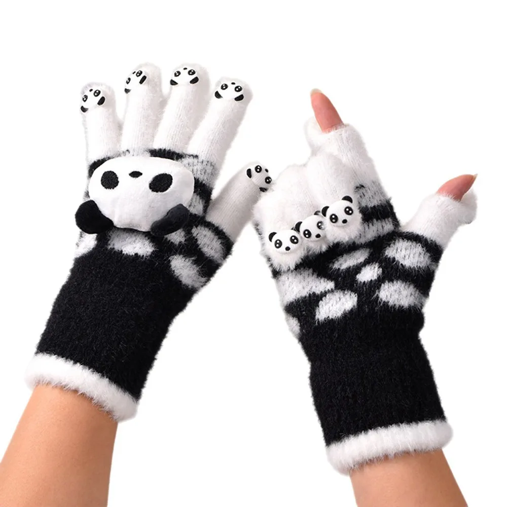 1pair Hand Gloves Winter Gloves Open Fingertips Knit Fabric Touchscreen Gloves Panda Pattern Ribbed Cuffs