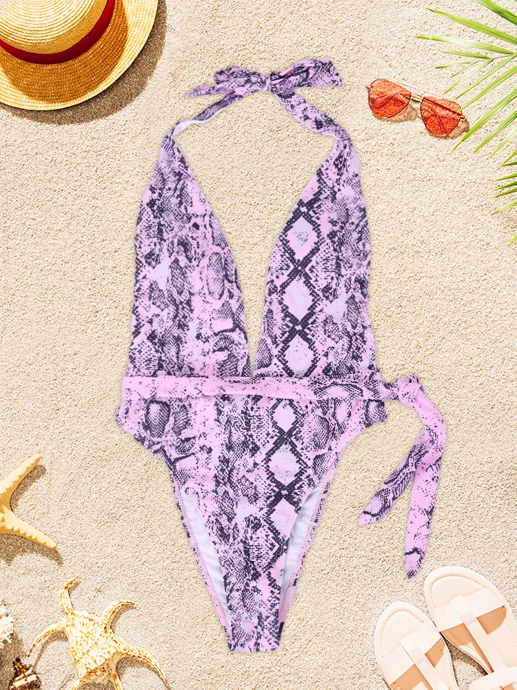 قطعة واحدة ملابس السباحة الرجعية يطبع للنساء الصيف بحر ثوب السباحة بلا أكمام عارية الذراعين بحر معلقة الرقبة ارتداءها #3