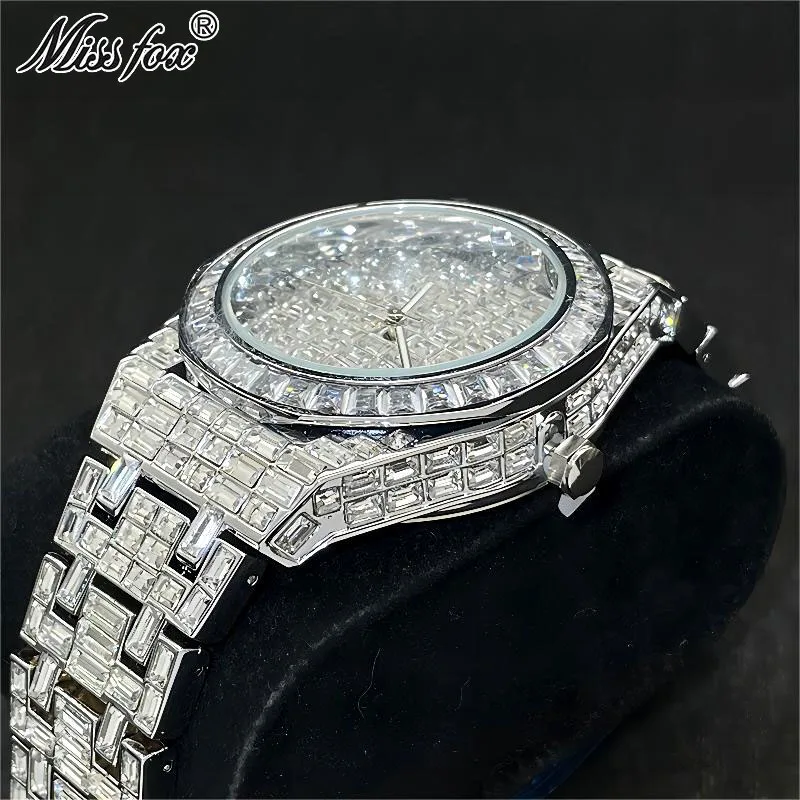 MISSFOX Luxury Quartz Watches Men Automatic Date Fashion Hip Hop Full Iced Diamond Waterproof Wrist Watch Man Reloj Hombre 2023