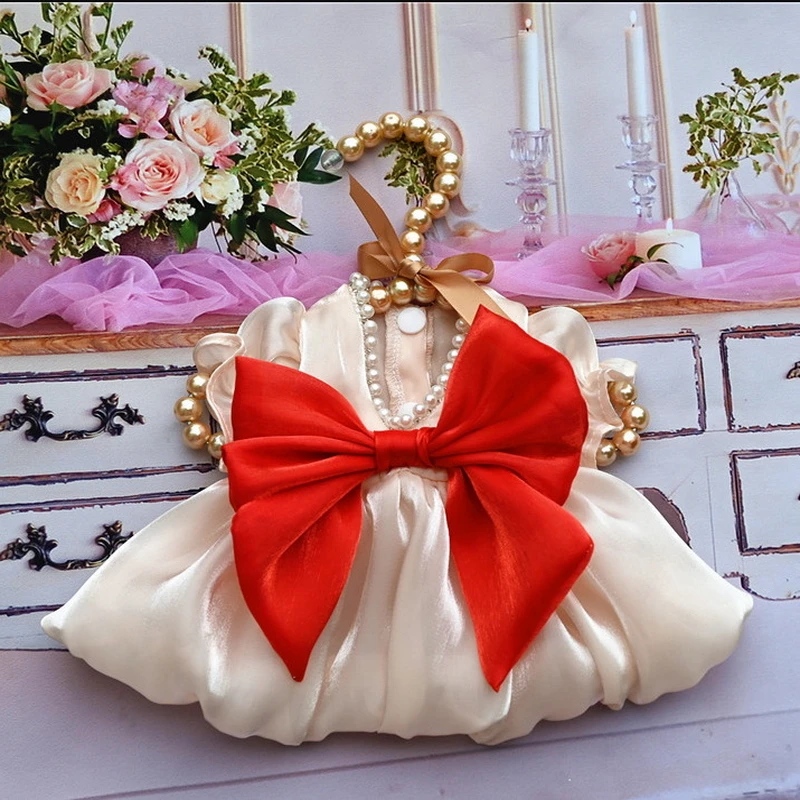 Dog Dress Summer Chiffon Bow Dress Pearl Collar Short Sleeve Dress with Shimmering Fabric Pet Fashion Accessory L58742