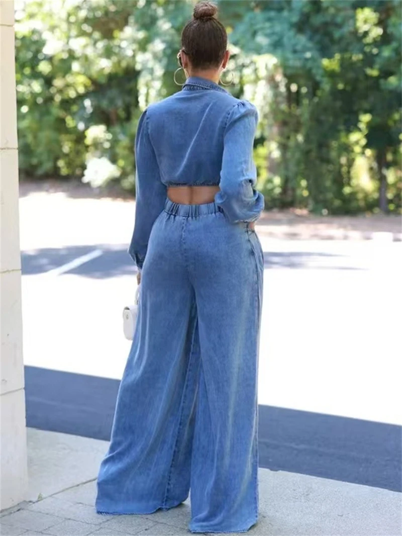 Roupa jeans feminina, camisa com renda, top cropped, calça de perna larga, moletom da moda, roupas de outono, conjuntos 2 pcs, 2024