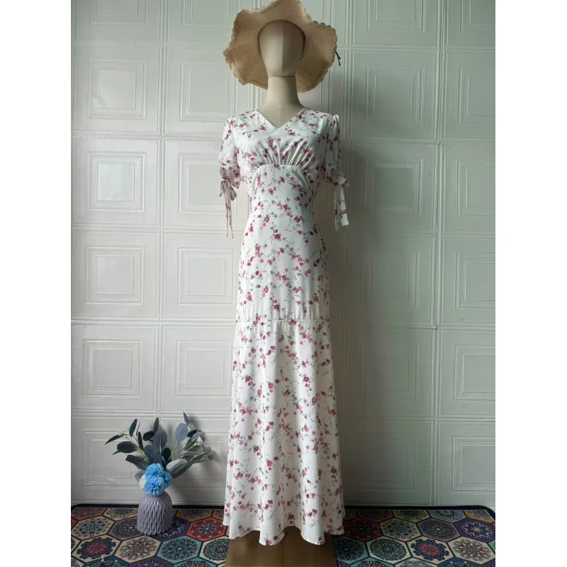 2025Temperamento fresco e dolce per la primavera e l'estateVAbito lungo floreale a maniche corte slim fit da donna