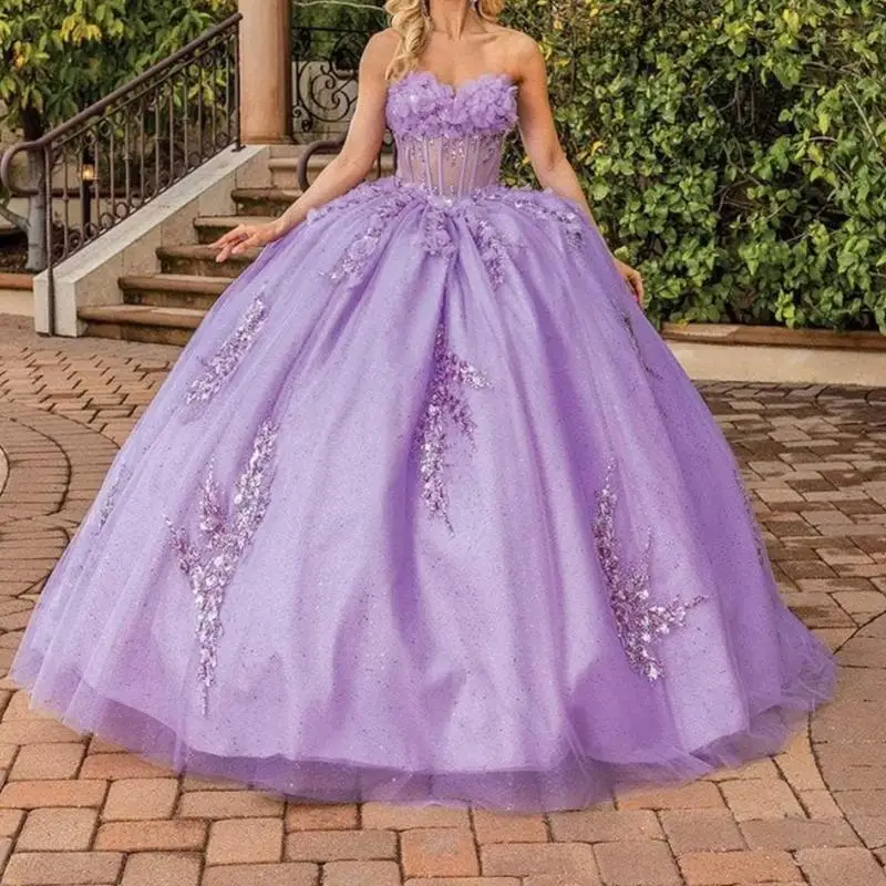 

Elegant Luxury Lavender Prom Dresses For 16th Girl Sweetheart 3D Floral Illusion Ball Vestido De 15 Quinceanera Prom Party Dress