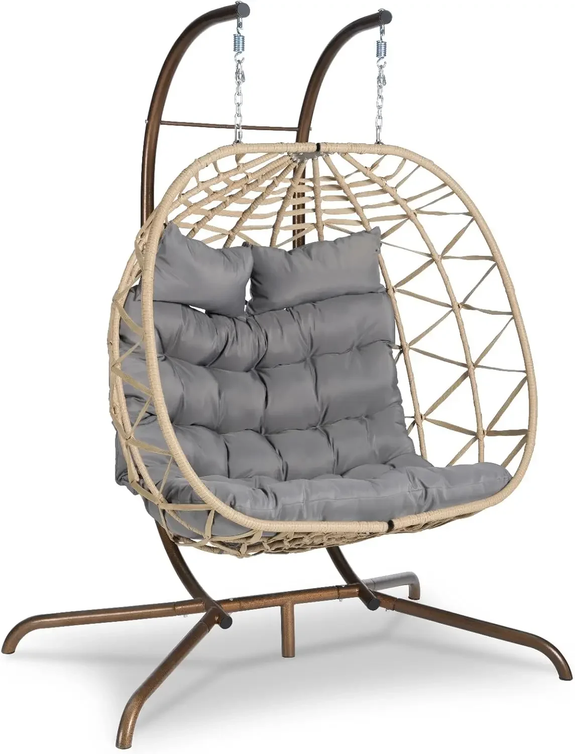 

Double Swing Egg Chair w/ Stand for 2, Indoor/Outdoor Oversized Wicker Rattan Hammock Chair, Basket Hanging Chair w/ Cushion